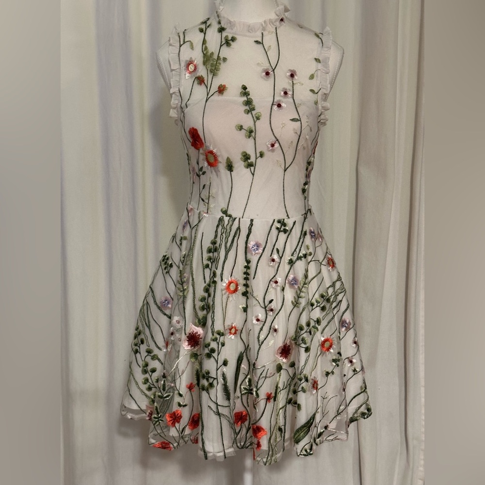 City Studio White Fit & Flare Dress with Floral Embroidery